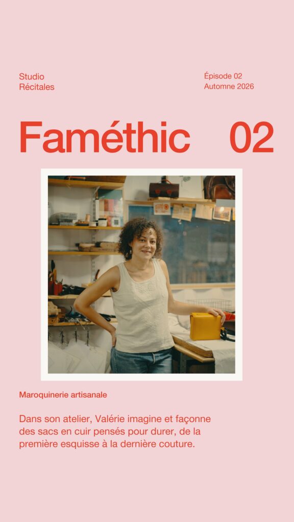 Portrait de Valérie dans l’atelier Faméthic, mis en page façon magazine